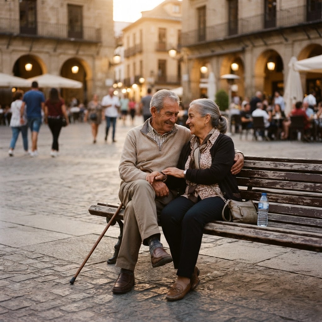 Generations connect in the quiet corners of the plaza.