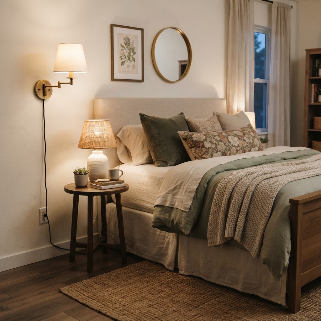 Plug-in sconces add a sophisticated touch and task lighting without electrical work.