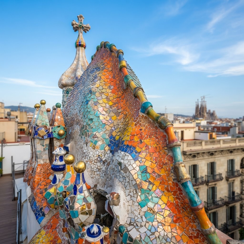 Intricate mosaic details on a Gaudí masterpiece in Barcelona.