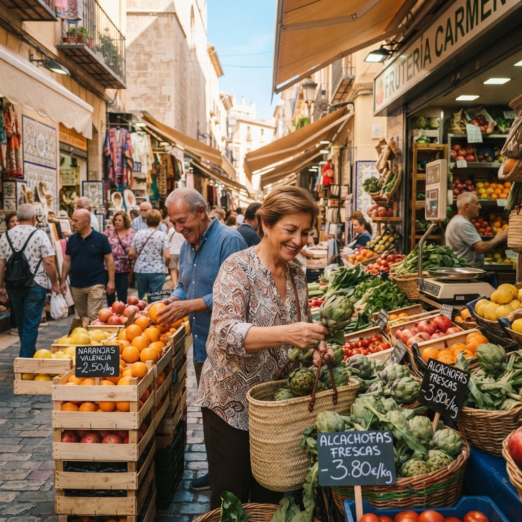 Locals gathering at a fresh produce market in the heart of Valencia.
