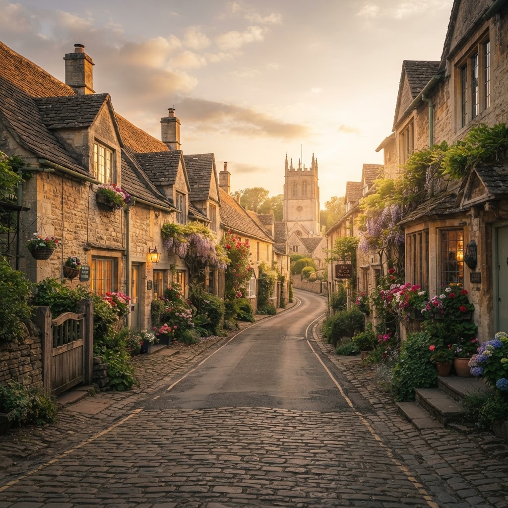 The timeless charm of Castle Combe at sunset.