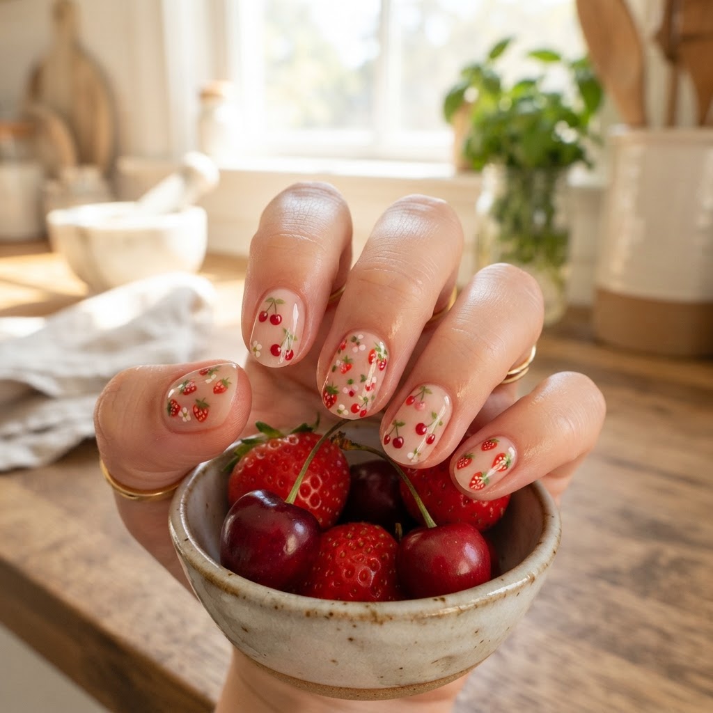 Cute strawberry and cherry press-on nail designs perfect for summer.