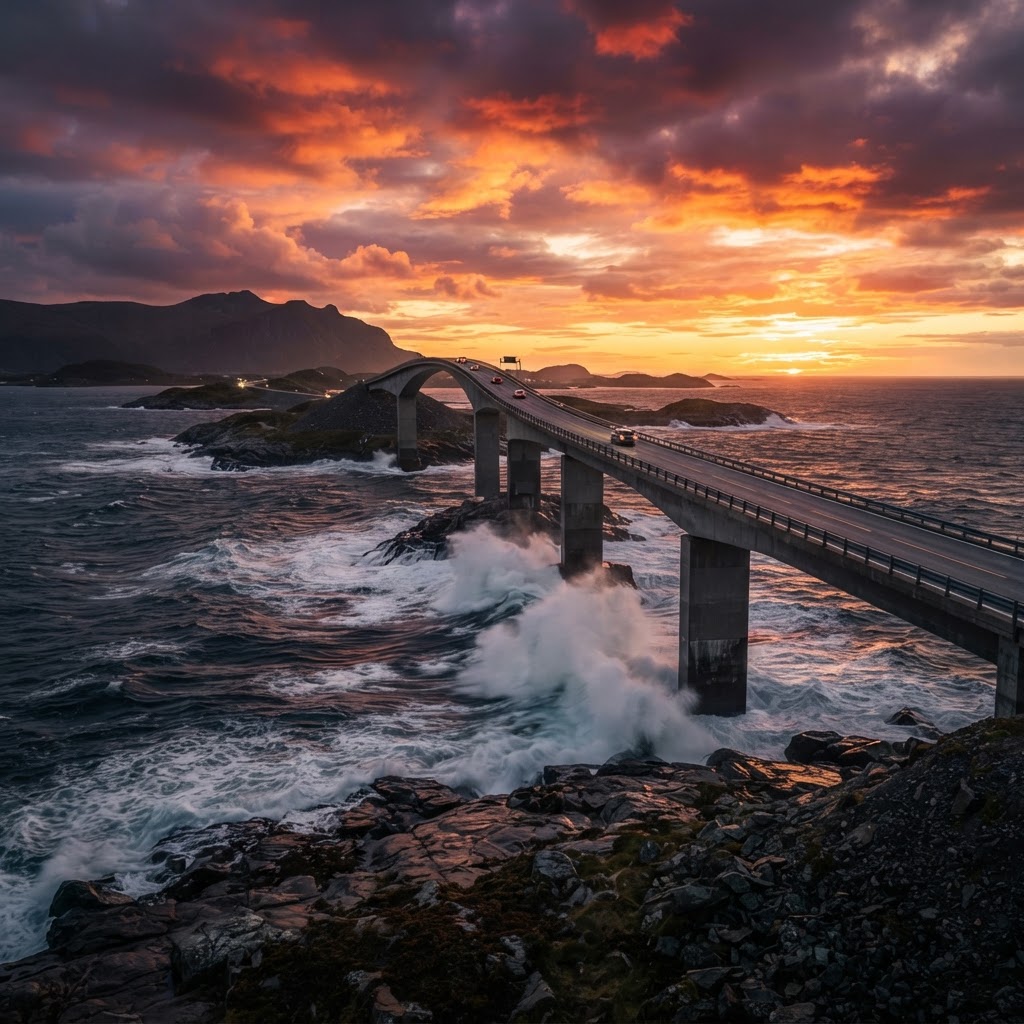 The iconic Storseisundet Bridge during a dramatic sunset.