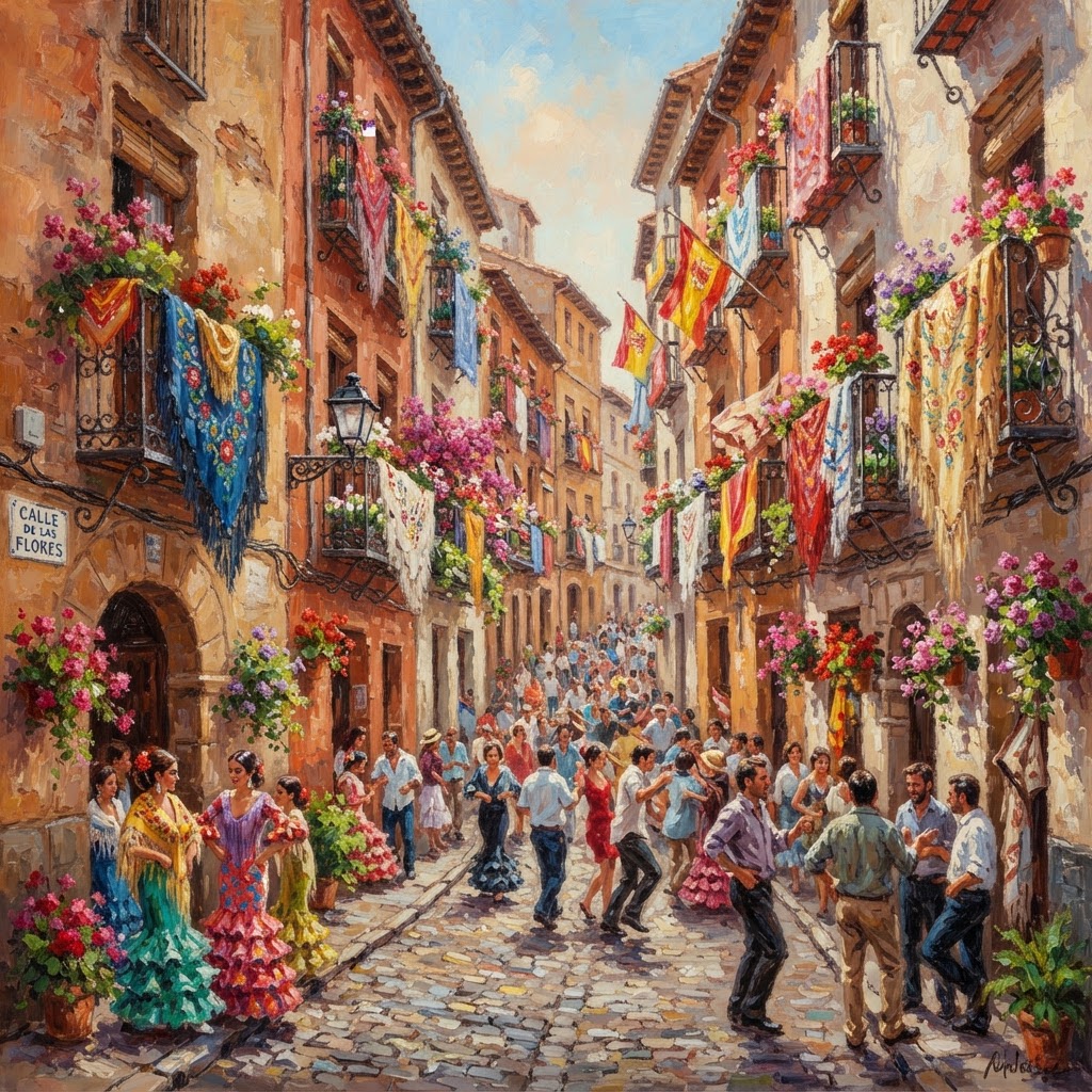Festive decorations turn Spanish streets into living art.
