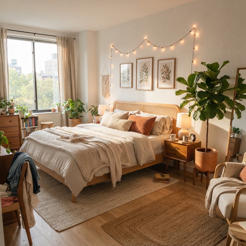 Layering textures and warm lighting creates an inviting retreat.