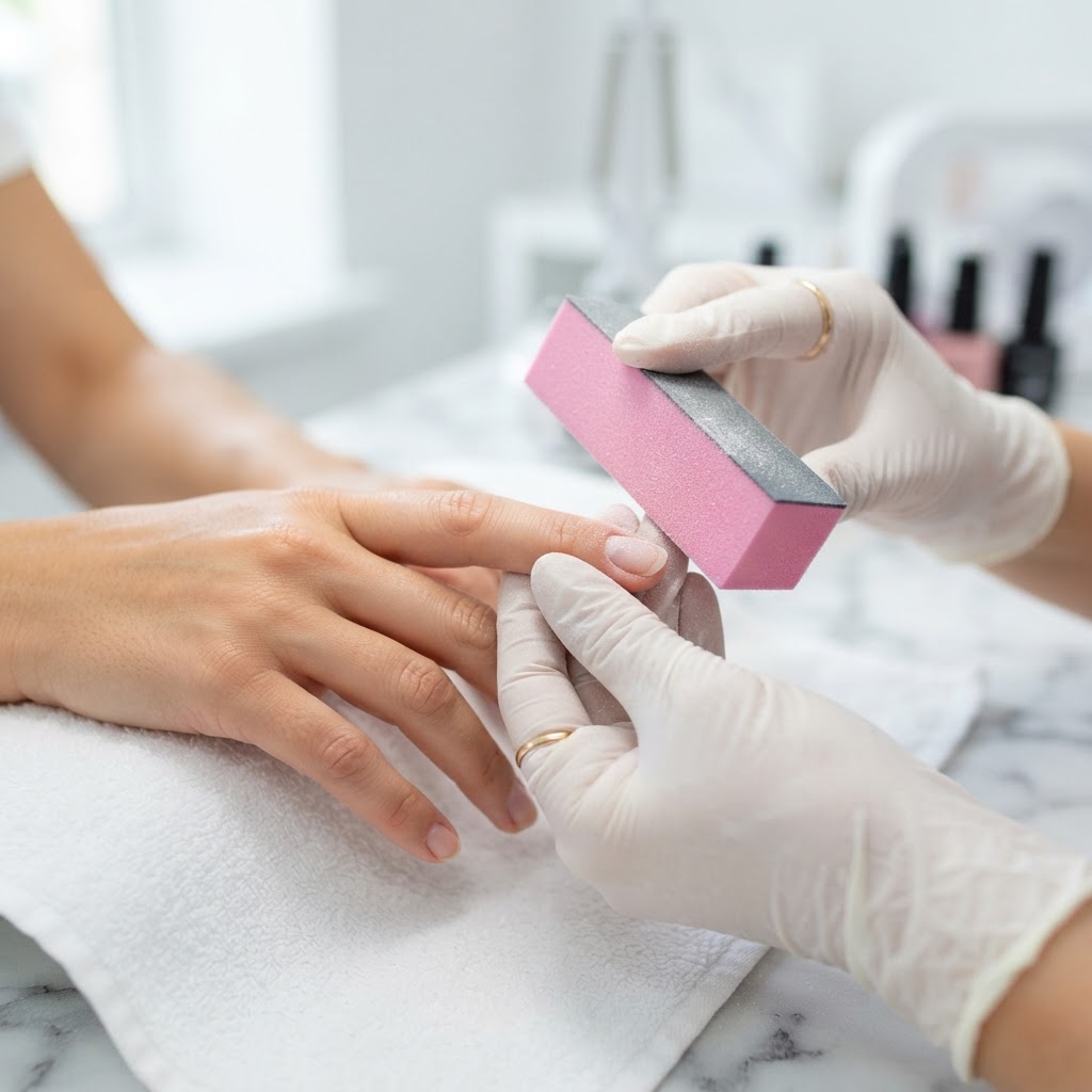 Properly buffing the nail plate is the first step to ensuring your nail tips stay secure.