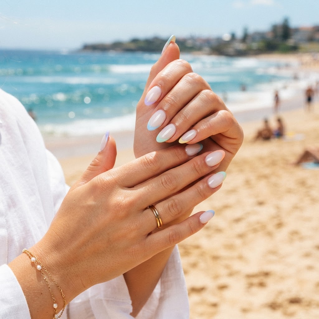 Soft pastel French tip press-on nails in an elegant almond shape for the perfect summer look.