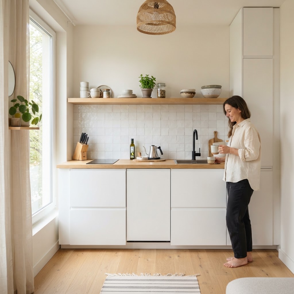 Bright, open shelving makes a small kitchen feel much larger.