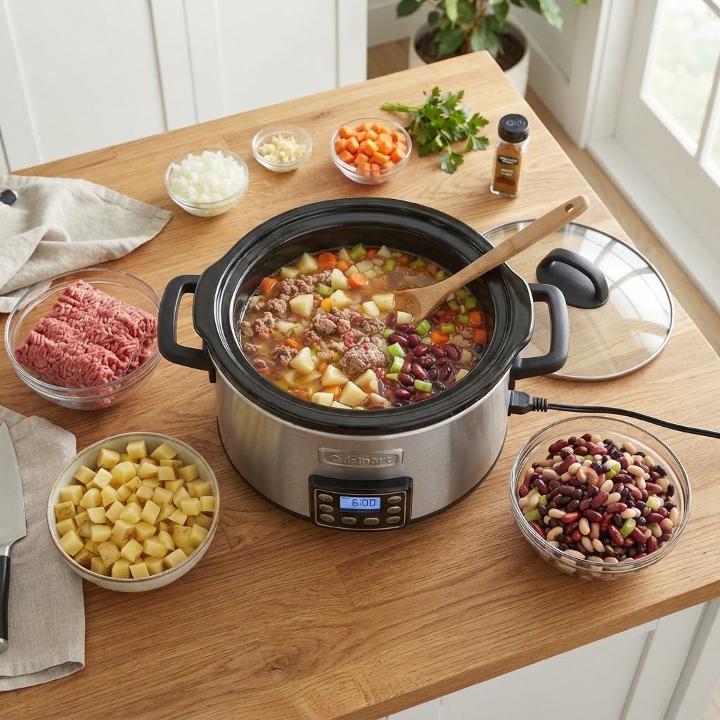 Ingredients laid out for a stress-free dump-and-go slow cooker meal.
