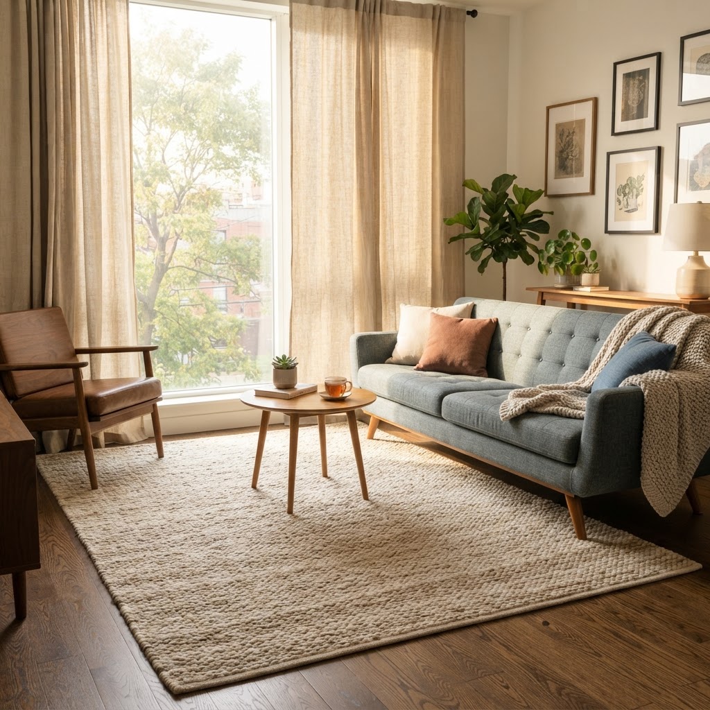 Vertical curtains and large rugs create an illusion of height and width.