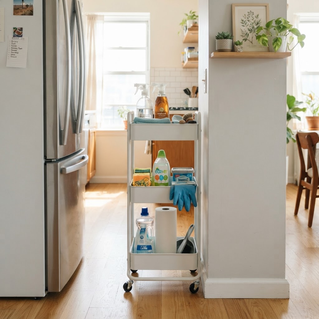 Mobile utility carts are perfect for keeping cleaning tools on hand.
