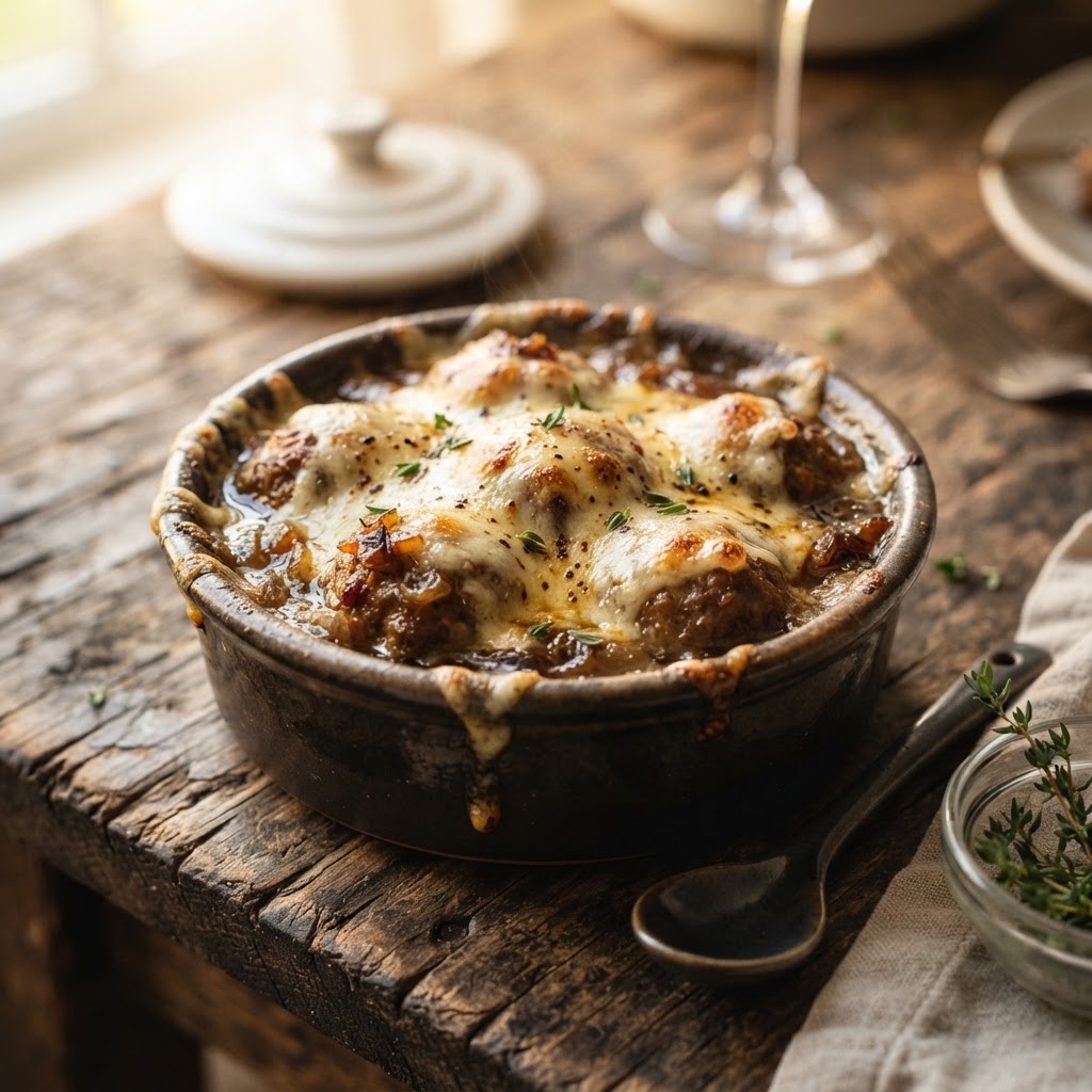 Tender beef meatballs covered in a rich, caramelized onion gravy and topped with golden-brown melted Gruyere.