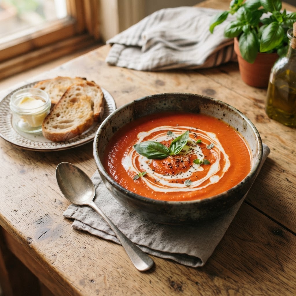 A bowl of delicious creamy tomato basil soup.