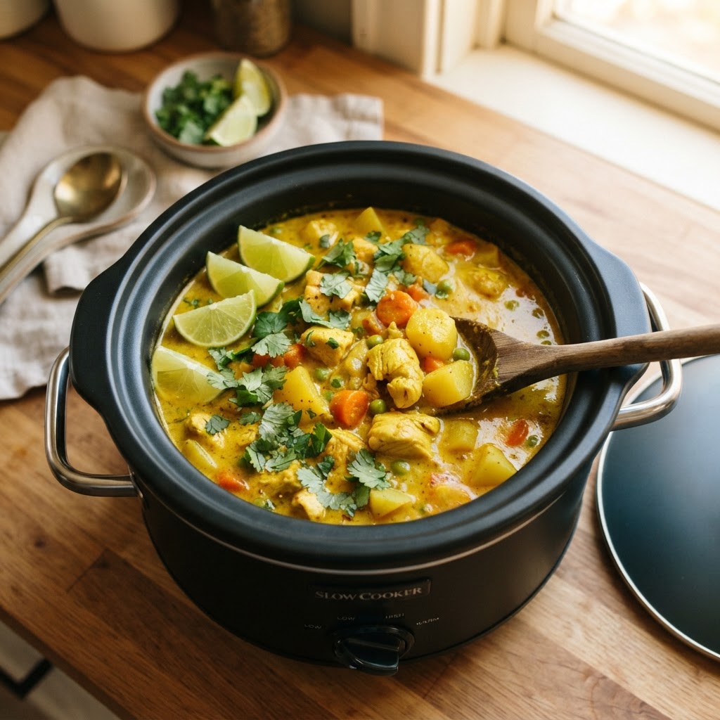 The perfect slow cooker chicken curry ready to serve.
