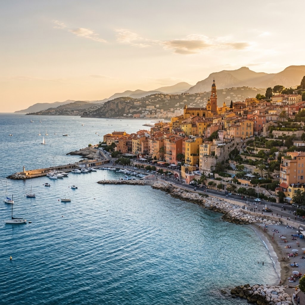 Mediterranean Coast Towns That Feel Truly Timeless 2 Menton's colorful facade glowing at golden hour.