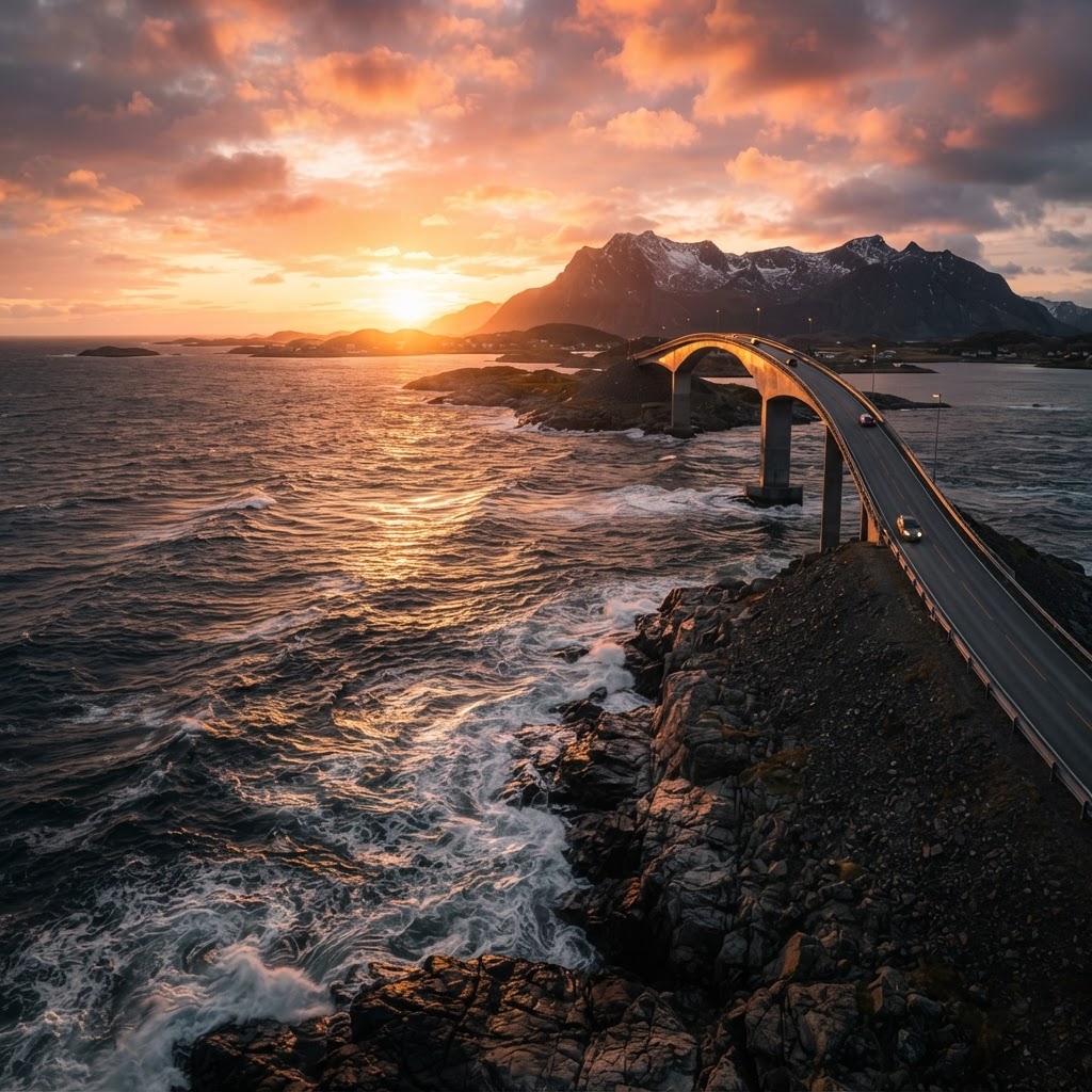 The iconic Storseisundet Bridge glowing under the sunset.