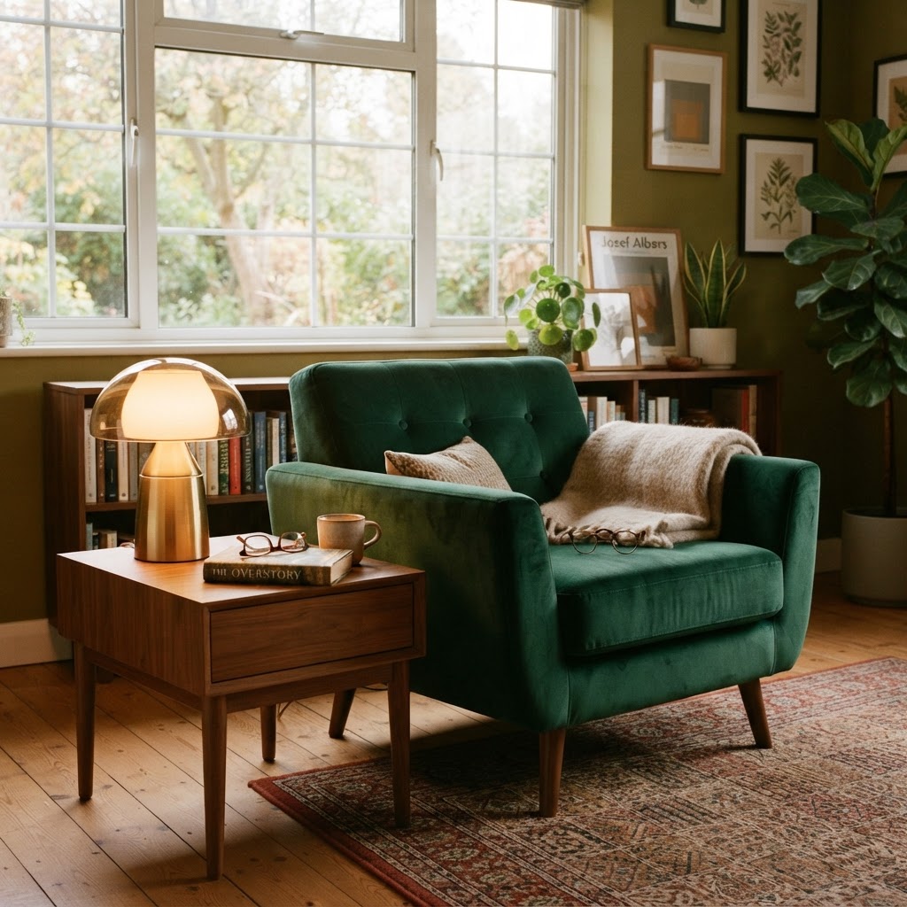 Warm glow lamps enhance cozy reading nooks.