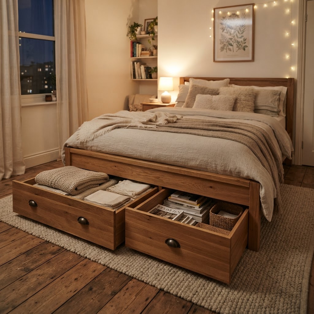Integrated under-bed storage is perfect for hiding away extra bedding and seasonal items.