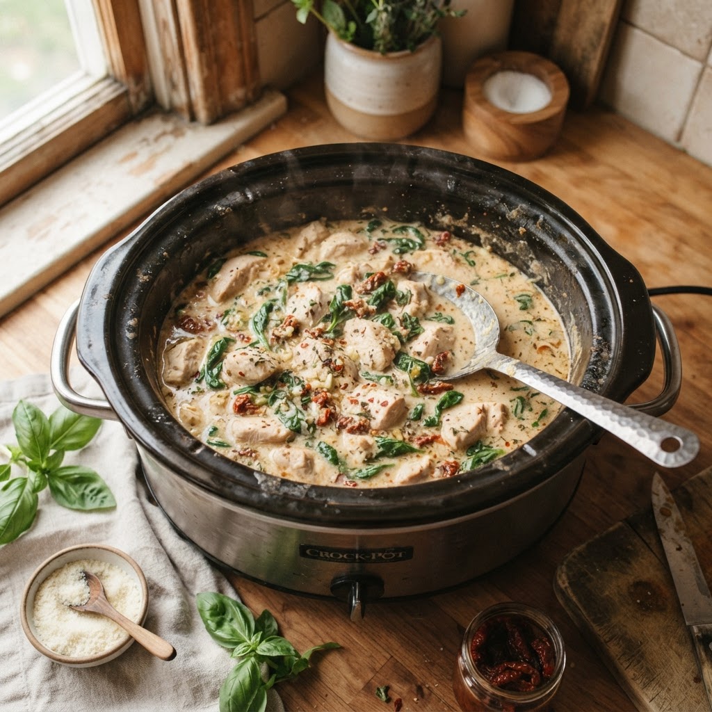 Creamy and delicious Tuscan chicken prepared in a slow cooker.