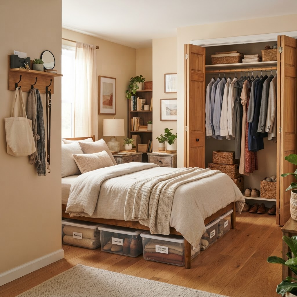 Maximize your bedroom storage by utilizing the area under your bed and in your closet.