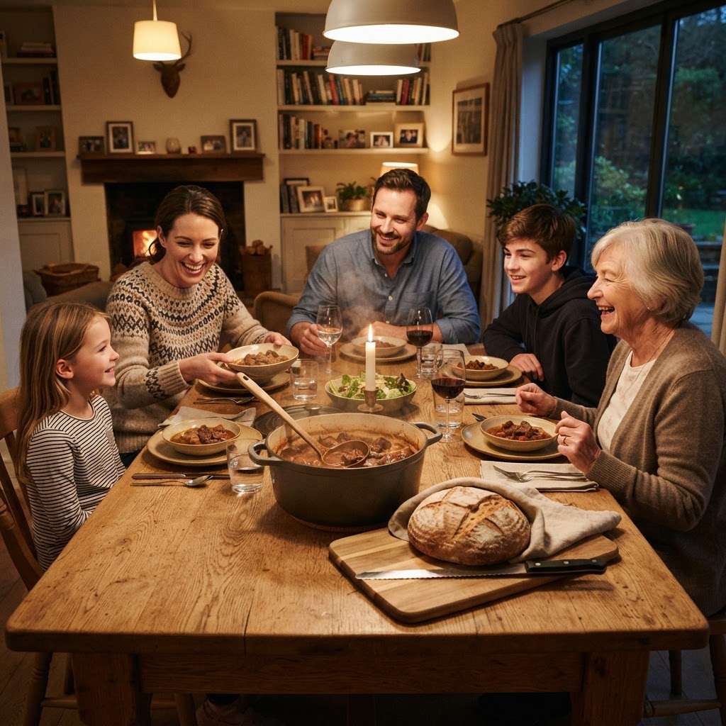 A comforting family-style beef stew dinner.