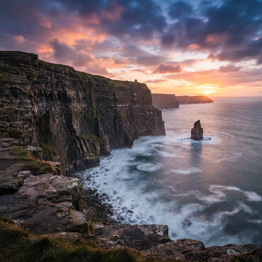 The breathtaking Cliffs of Moher at sunset.