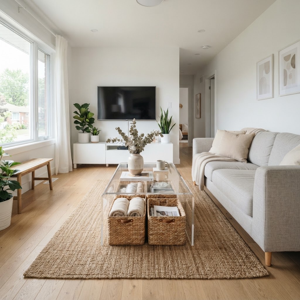 Clear furniture maintains an open and airy feel.