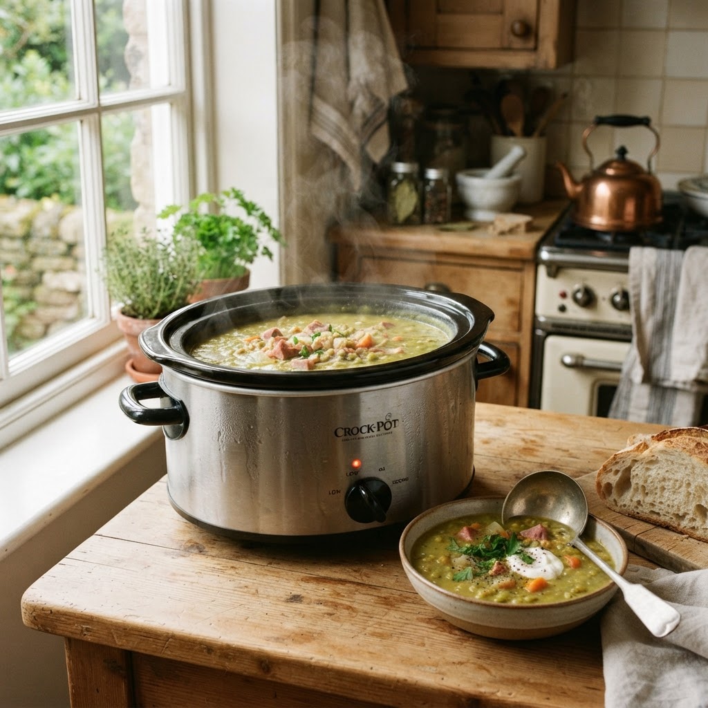A steaming batch of delicious slow cooker split pea soup ready to serve.