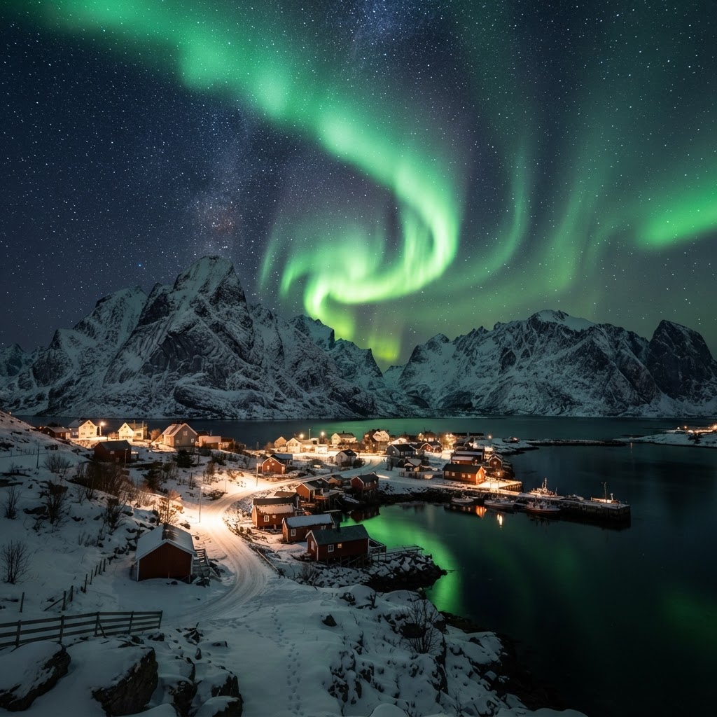 The Northern Lights dancing above the silent peaks of Lofoten.