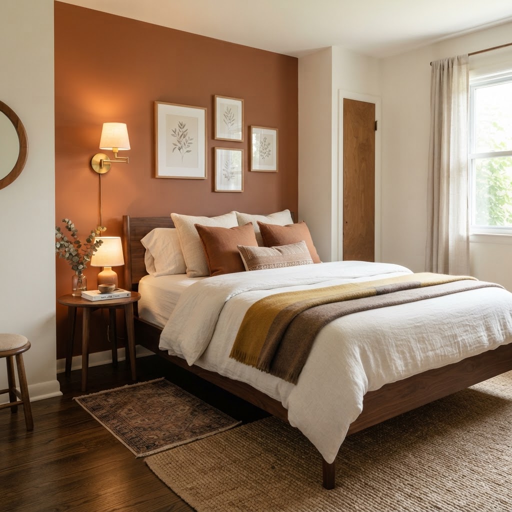A bold feature wall adds depth to a compact bedroom.