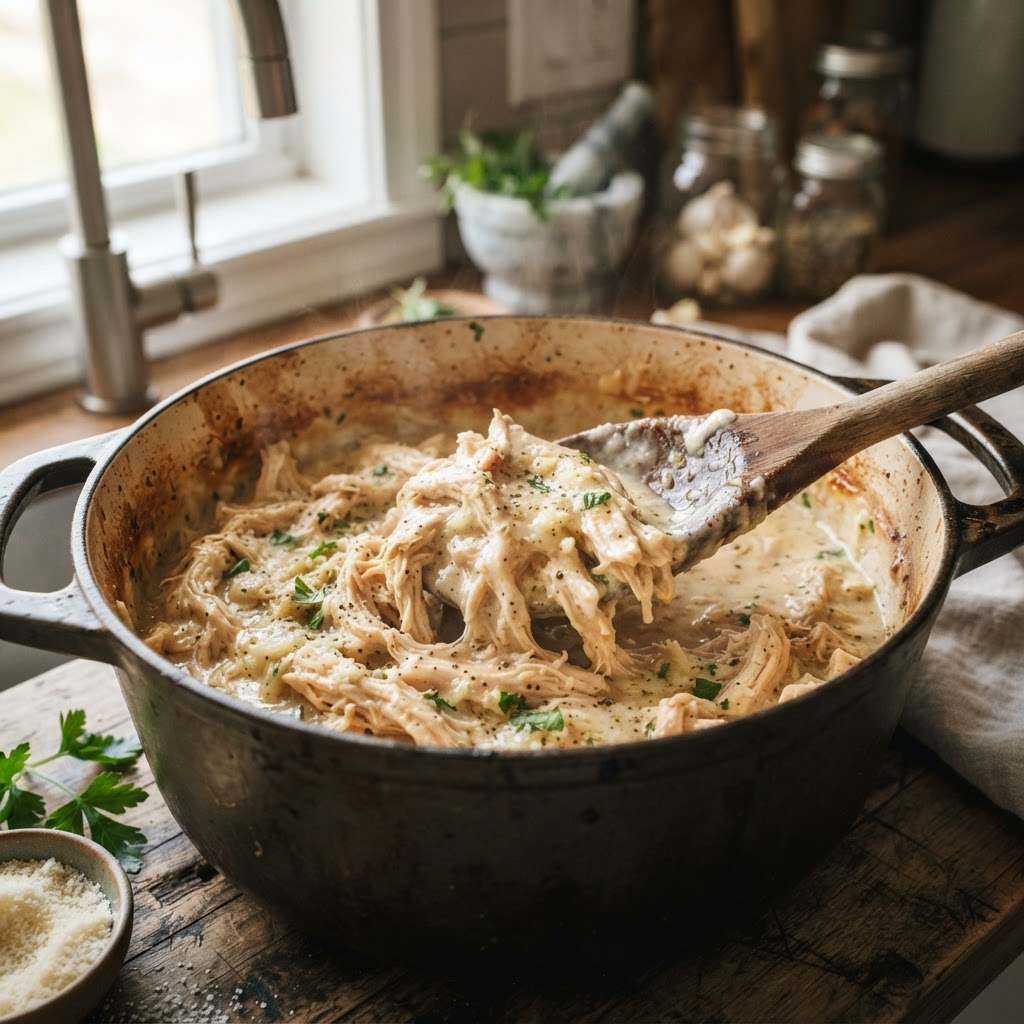 The perfect, creamy sauce clings to tender, slow-cooked chicken.
