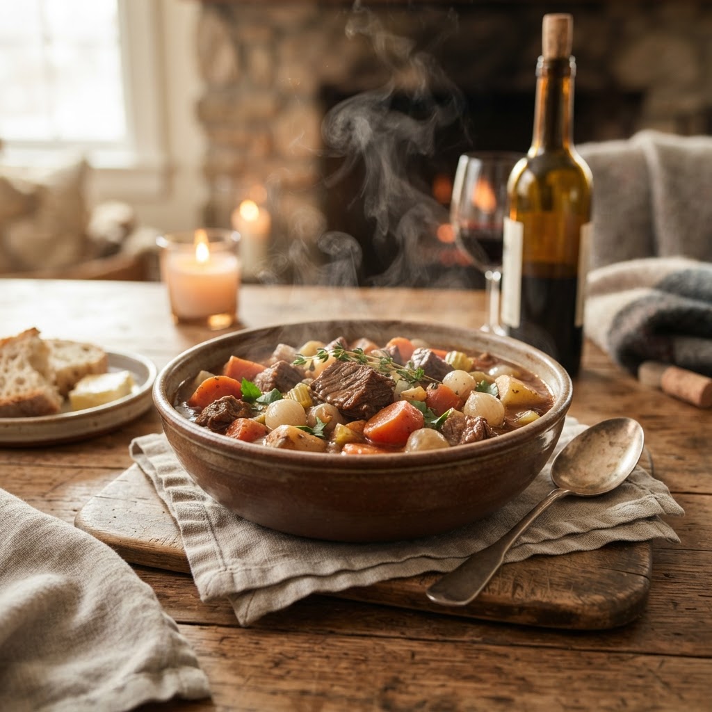 A bowl of perfectly cooked family-favorite crockpot beef stew ready to be served.