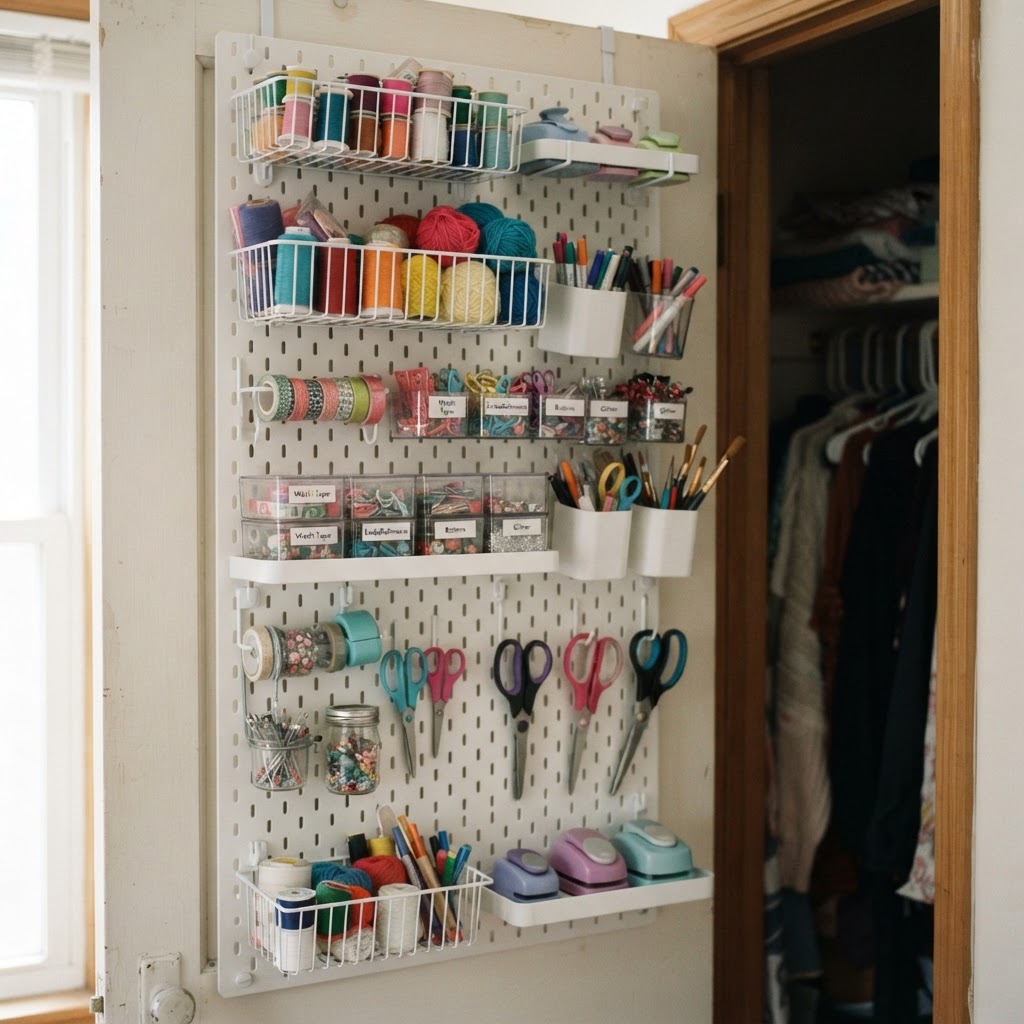 A custom pegboard system providing versatile storage for small tools.