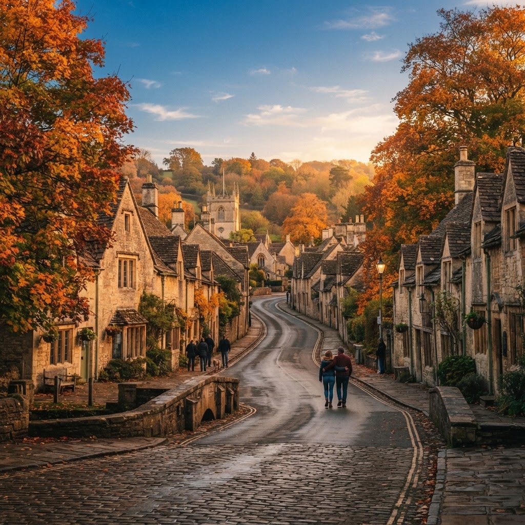 The golden hour illuminates a classic Cotswold village.