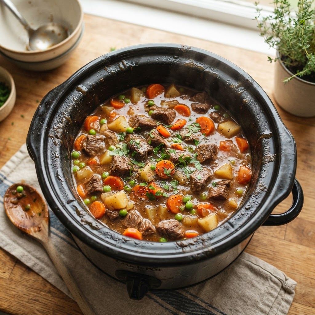 A cozy, slow-cooked beef and vegetable dinner prepared in a crockpot.