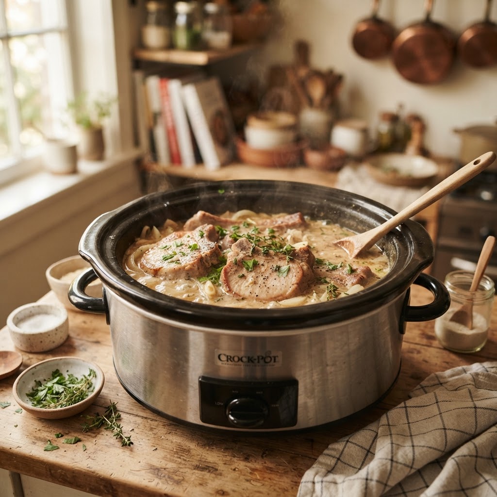 Perfectly cooked pork chops simmering in a rich, savory broth.
