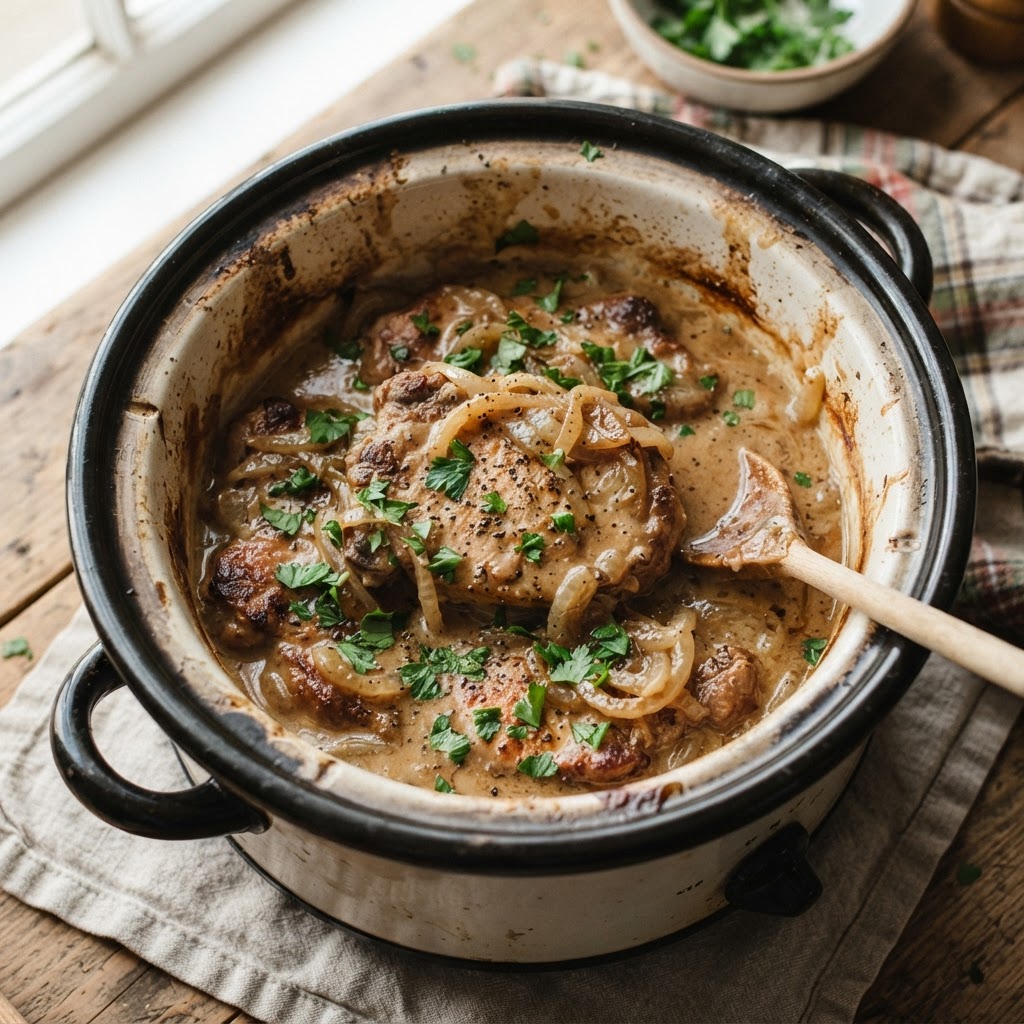 These smothered crockpot pork chops are perfectly tender and ready to serve.