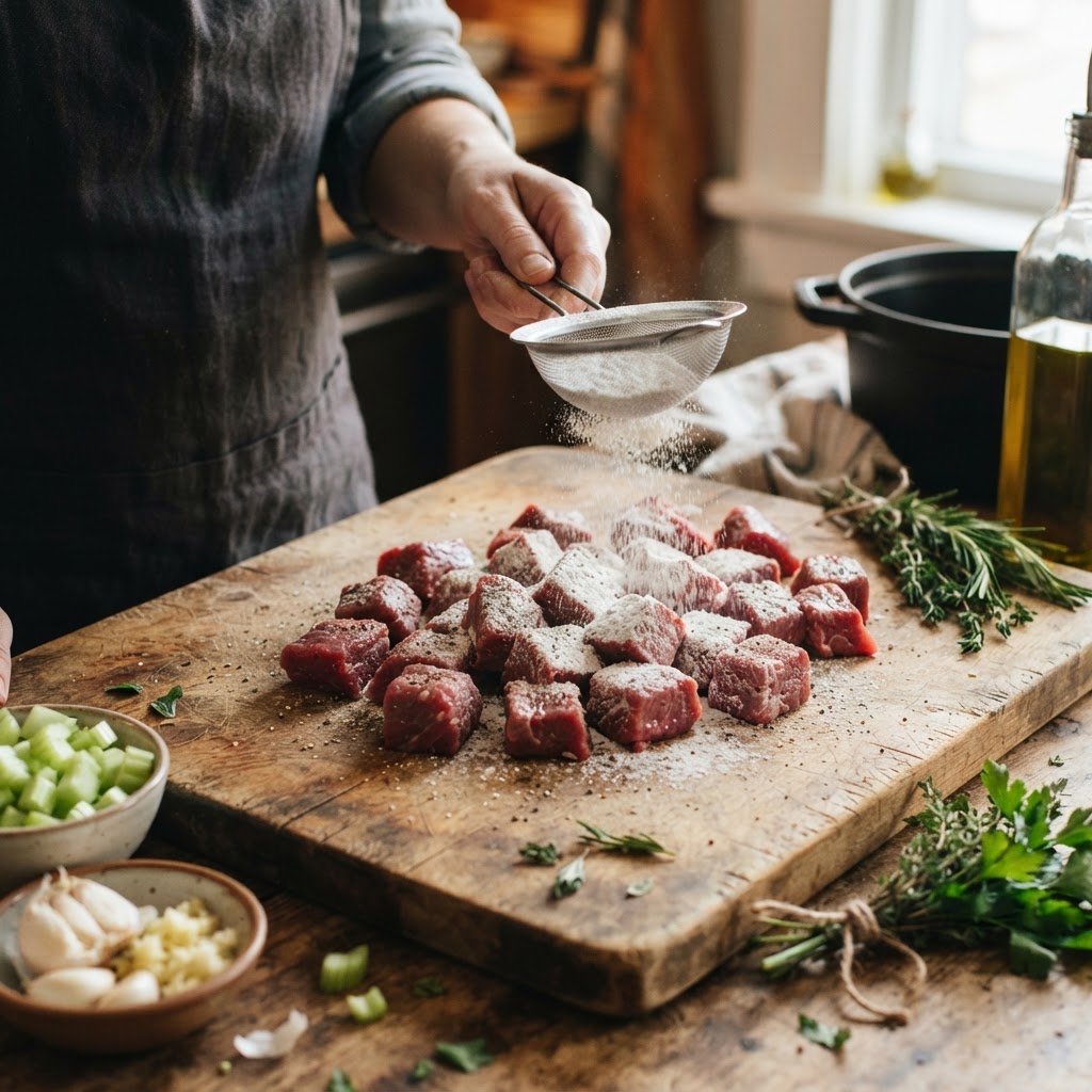 Preparing the beef stew ingredients for a deep, savory flavor.