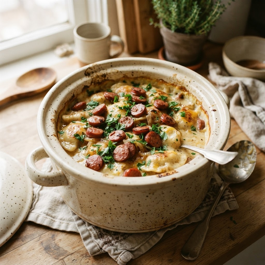 A hearty and delicious pierogi casserole fresh out of the slow cooker.