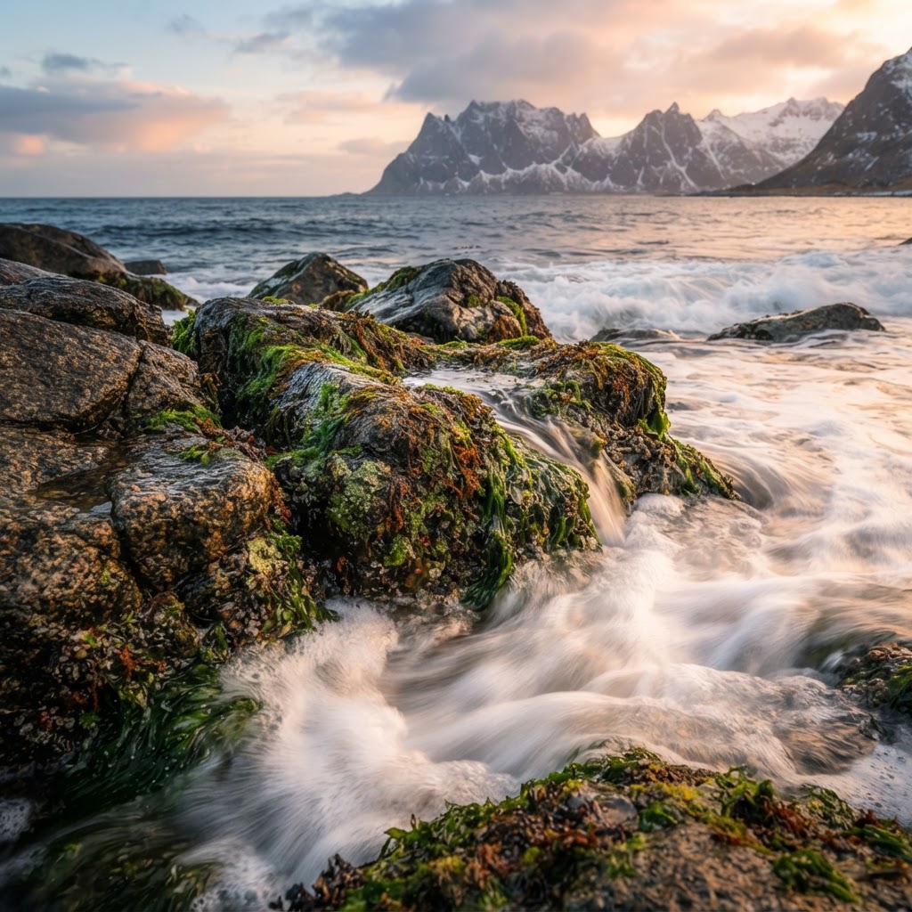The intricate texture of coastal rocks during the golden hour.