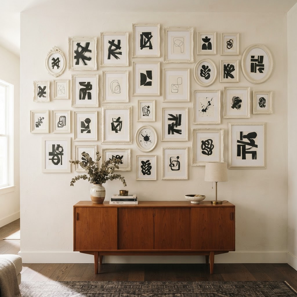 Uniform framing elevates simple art into a gallery display.