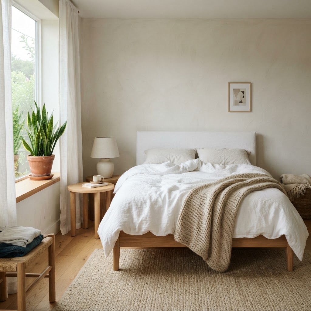 Minimalist bedrooms thrive on neutral tones and intentional plant placements.