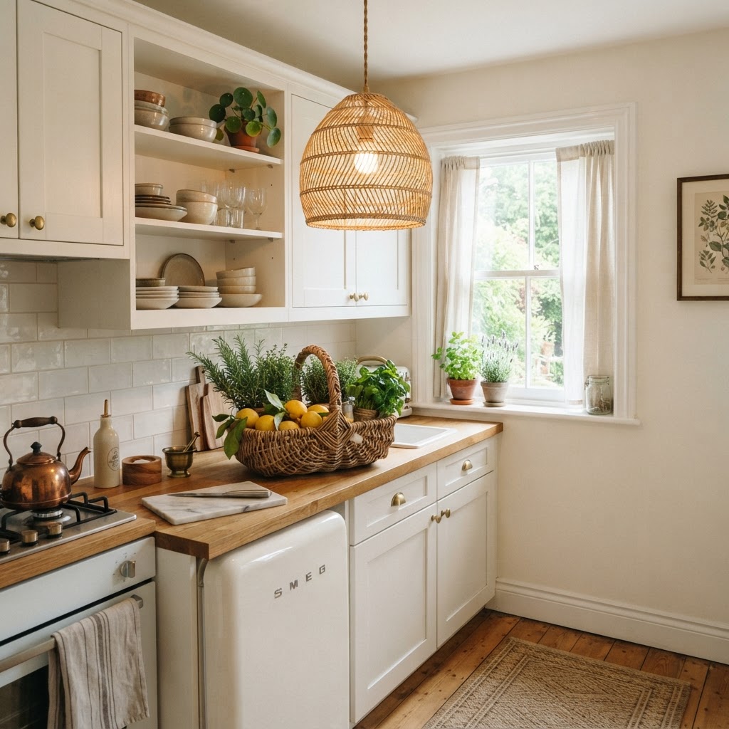 A woven rattan pendant light adds warmth to a small kitchen area.