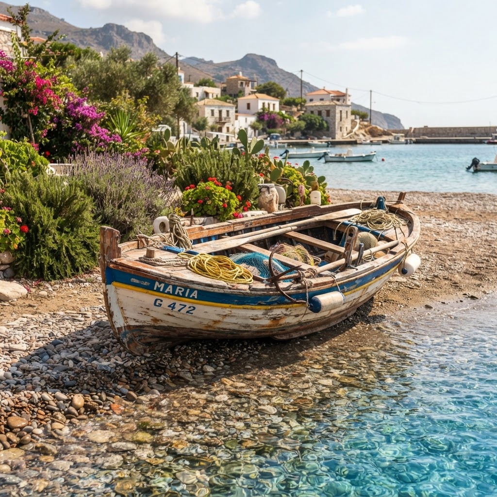 Traditional fishing boats resting in a secluded cove.