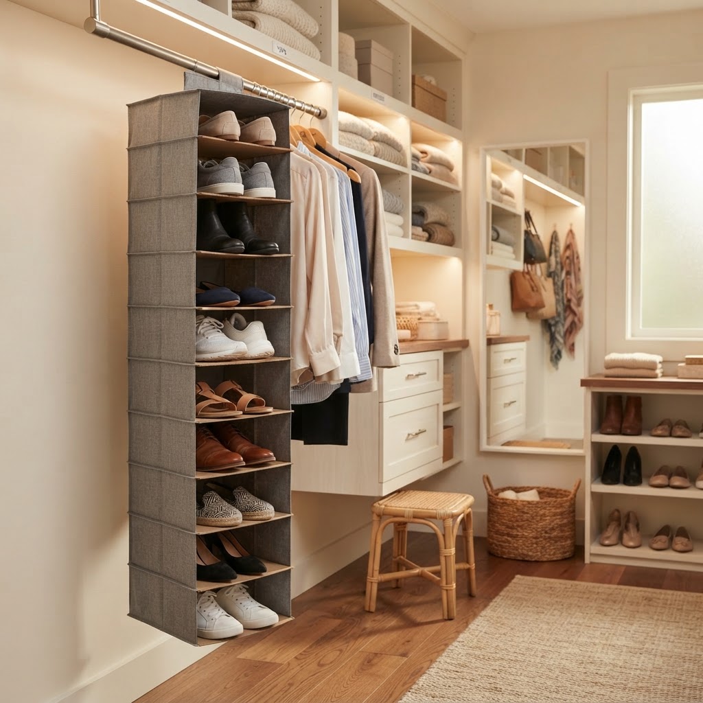 Hanging fabric organizers maximize closet height efficiently.