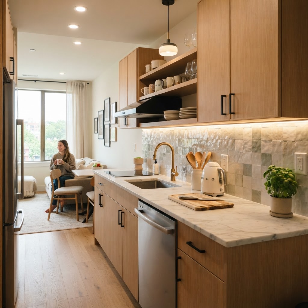Warm lighting and quality materials make even the smallest kitchen feel luxurious.