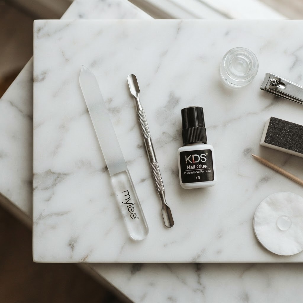 Gather your essential tools before starting your full press-on nail routine.