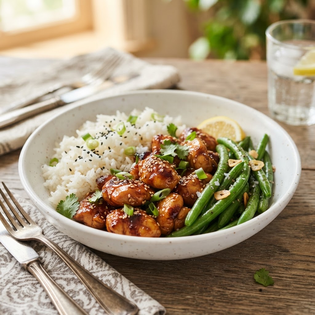 A nutritious and healthy chicken dinner served with sides.