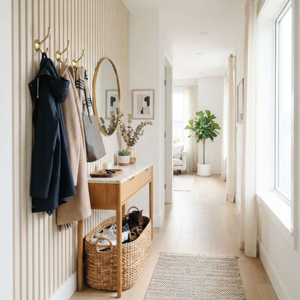A tidy entryway console and woven basket keep your home's entrance clutter-free.