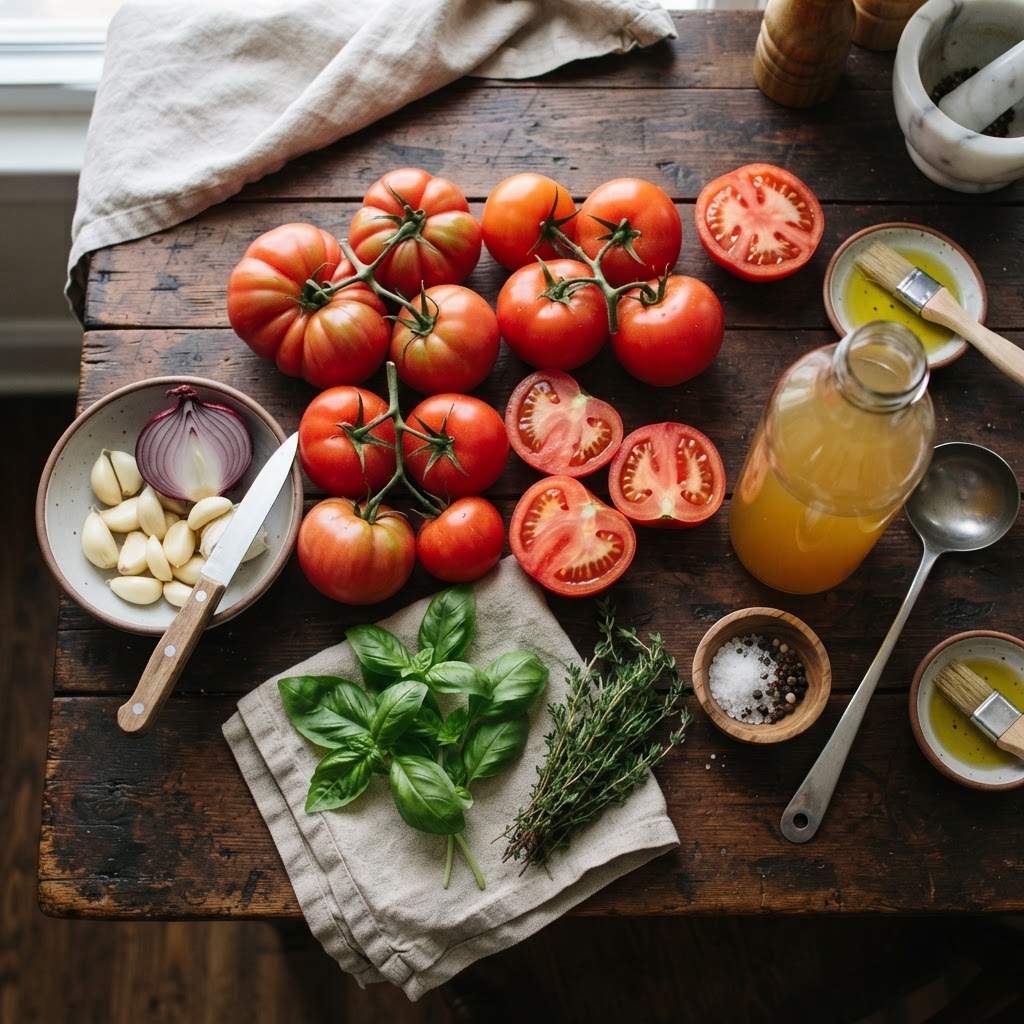 Fresh, vibrant ingredients prepared for a flavorful slow cooker tomato soup.